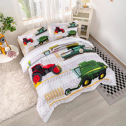 CVHOUSE Tractor Bedding Sets for Boys,Excavators Comforter Full,Boys Cartoon Truck Comforter Set,Trucks Tractors Cars Quilt Set with 1 Comforter and 2 Pillow Cases- 3 Piece