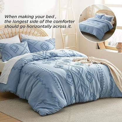Bedsure Boho Comforter Set King - Mineral Blue Tufted Bedding Comforter Set, 3 Pieces Farmhouse Shabby Chic Embroidery Bedding Set, Soft Geometric Pattern Comforter for All Seasons