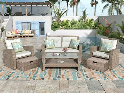 Set, 4 Piece Outdoor Wicker Rattan Sectional Sofa with Glass Table, Ottoman and Soft Cushions, Front Porch Apartment Patio Furniture for Backyard Lawn Garden, E-Beige b