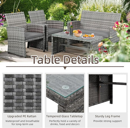 Shintenchi 4-Piece Outdoor Gray Wicker Patio Conversation Furniture Set, Rattan Patio Furniture Set with Weather Resistant Cushions and Tempered Glass Tabletop,Grey