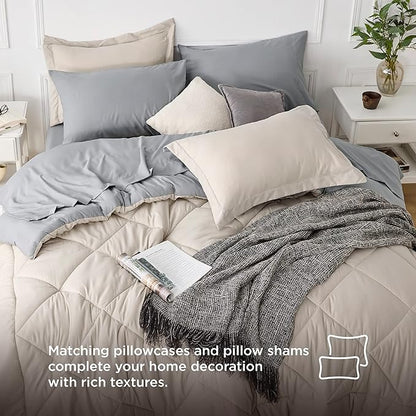 Bedsure Beige Twin Comforter Sets - 5 Pieces Reversible Twin Bedding Sets for College, Beige Extra Long Bed Set Twin with Comforters, Sheets, Pillowcase & Sham