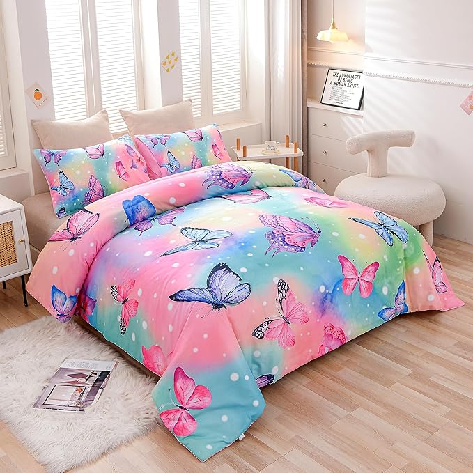 Btargot 3 Piece Butterfly Pattern Girls Comforter Set with 2 Pillow Covers, Gradient Line Rainbow Printed Bedding Set for Women, Full Multi Color