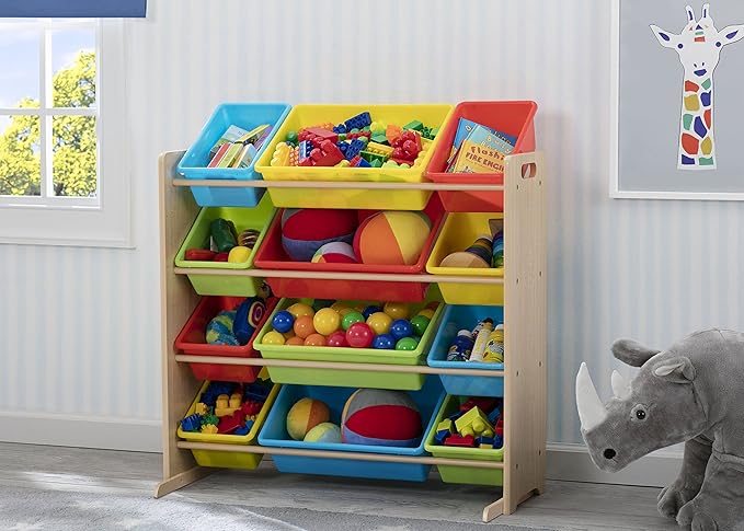 Delta Children Kids Toy Storage Organizer with 12 Plastic Bins - Greenguard Gold Certified, Natural/Primary