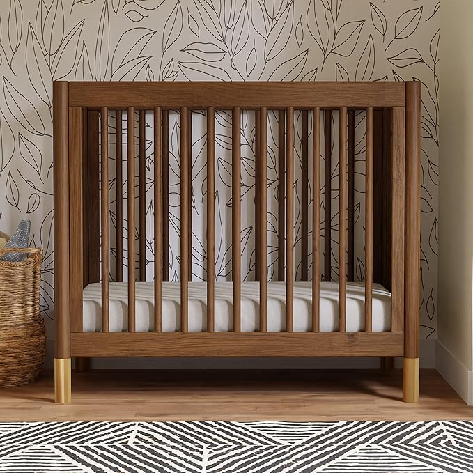 babyletto Gelato 4-in-1 Convertible Mini Crib in Natural Walnut and Brushed Gold Feet, Greenguard Gold Certified