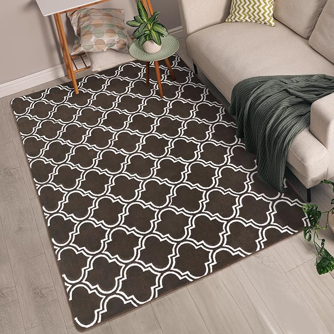 Chicrug Shag Geometric 6x9 Area Rug for Living Room, Large Modern Memory Foam Indoor Carpet, Fluffy Rug for Bedroom Bedside Room Decor for Family Girls Kids Nursery, Brown/White