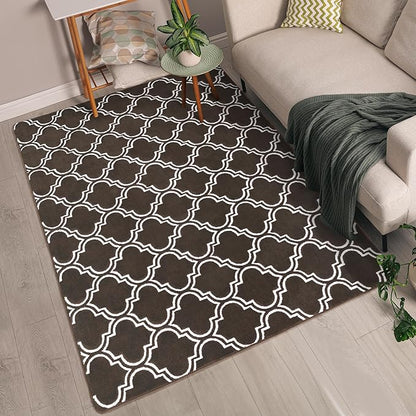 Chicrug Shag Geometric 6x9 Area Rug for Living Room, Large Modern Memory Foam Indoor Carpet, Fluffy Rug for Bedroom Bedside Room Decor for Family Girls Kids Nursery, Brown/White