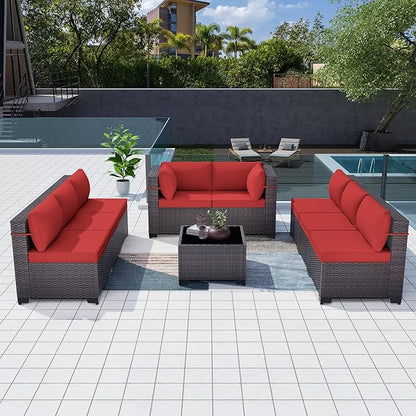 Patio Furniture Set 9-Pieces Outdoor Furniture for Backyard Wicker Sectional Sofa Set, Rattan Patio Conversation Set with Thickened Cushions and Glass Coffee Table, Red