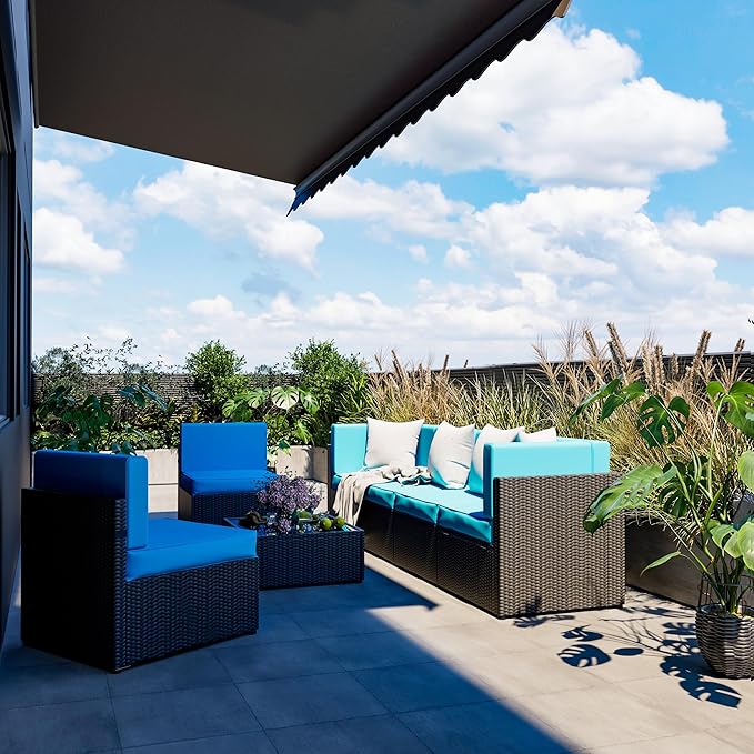 Pamapic Patio Furniture Set, 7 Pieces Modular Outdoor Sectional, Patio Sectional Sofa Conversation Set, Rattan Sofa with Coffee Table and Washable Cushions Covers, Black Rattan and Blue Cushions