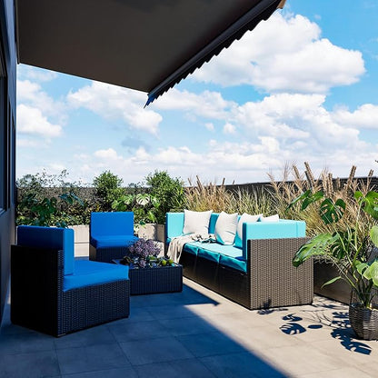Pamapic Patio Furniture Set, 7 Pieces Modular Outdoor Sectional, Patio Sectional Sofa Conversation Set, Rattan Sofa with Coffee Table and Washable Cushions Covers, Black Rattan and Blue Cushions