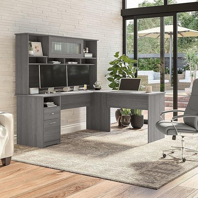 Bush Furniture Cabot Desks for Home Office with Storage and Chrome Hardware | Elegant Computer Table with Drawers, 72W, Modern Gray
