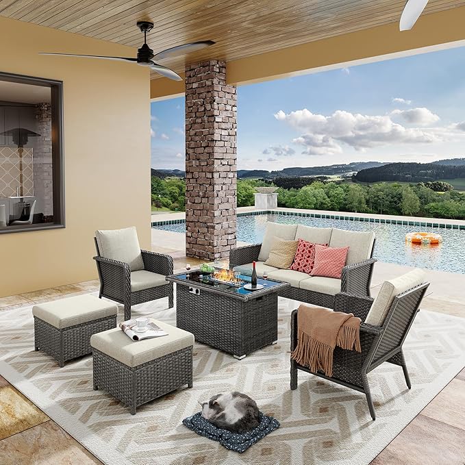 Yechen Patio Conversation Set 7 Seats with 44" Propane Gas Fire Pit Table - 6 Pcs Outdoor Wicker Furniture Set with Lid & Wind Shields - Sectional Sofa Set for Porch,Backyard