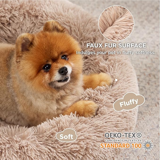 Bedsure Calming Dog Bed for Small Medium Dogs - Donut Washable Medium Pet Bed, 27 inches Anti-Slip Round Fluffy Plush Faux Fur Cat Bed, Camel