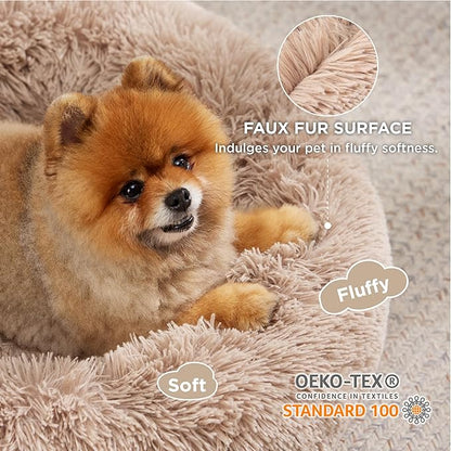 Bedsure Calming Dog Bed for Small Medium Dogs - Donut Washable Medium Pet Bed, 27 inches Anti-Slip Round Fluffy Plush Faux Fur Cat Bed, Camel