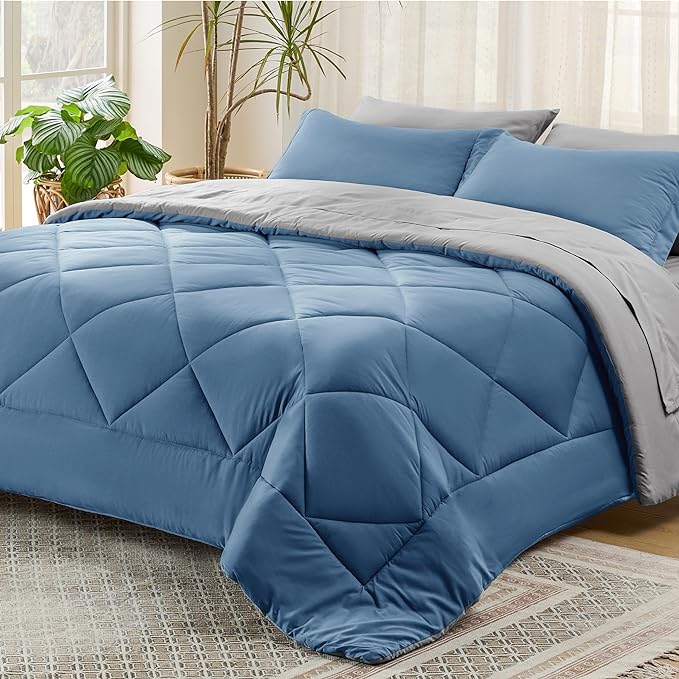 Bedsure Blue Comforter Set Queen - 7 Pieces Reversible Blue Bed in a Bag with Comforters, Sheets, Pillowcases & Shams, Queen Blue Bed Set