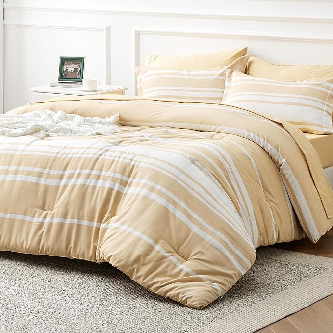 Bedsure Bed in a Bag Twin Size 5-Piece Yellow White Striped Bedding Comforter Sets All Season Bed Set with 1 Pillow Sham, Flat Sheet, Fitted Sheet and 1 Pillowcase