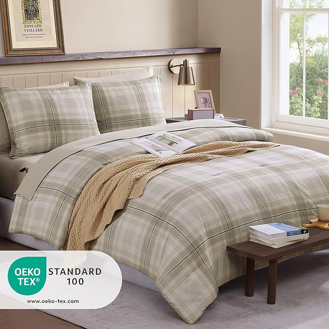 Beige King Size Comforter, Khaki Green Plaid King Comforter Set or Boys & Girls,Classic Homestead-style King Bedding Sets with King Size Bed Sheets and Comforter Sets