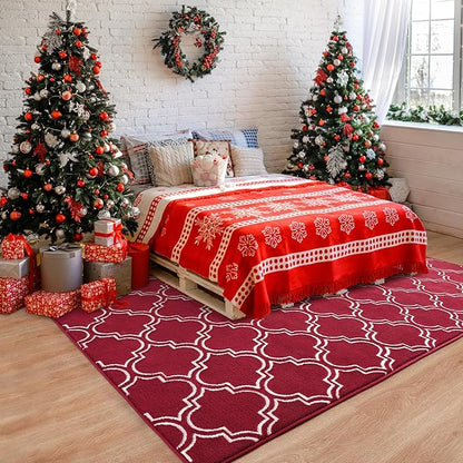 Chicrug Shag Geometric 4x6 Area Rug for Living Room, Large Modern Memory Foam Indoor Carpet, Fluffy Rug for Bedroom Bedside Room Decor for Family Girls Kids Nursery, Wine Red/White