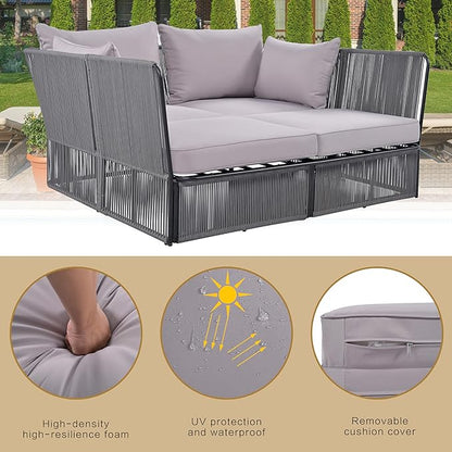 2-Piece Sunbed and Coffee Table, Patio Double Chaise Lounger Loveseat Daybed Outdoor Furniture Set for Backyard Poolside Lawn Balcony, Full, Ac-Grey