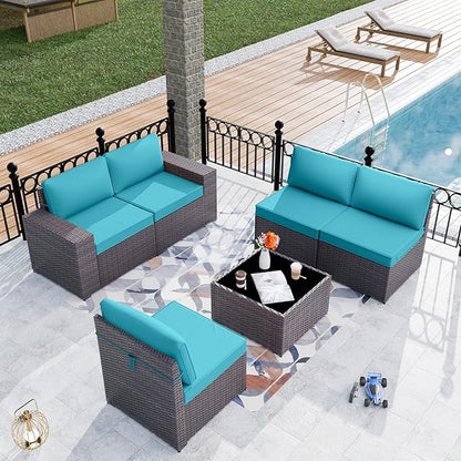 Patio Furniture Set Sofa 6-Piece Wicker PE Rattan Sectional Sofa Set, Outdoor Furniture Patio Conversation Sofa Set with Glass Coffee Table, Blue