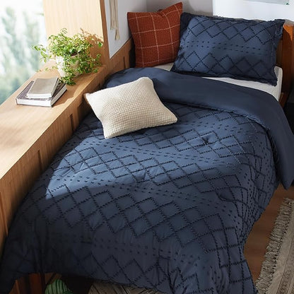 Bedsure Twin/Twin XL Comforter Set - Navy Boho Twin Extra Long Comforter Set for College, Shabby Chic Dorm Bedding Set, 2 Pieces Modern Farmhouse Bed Set, includes 1 Pillow Sham