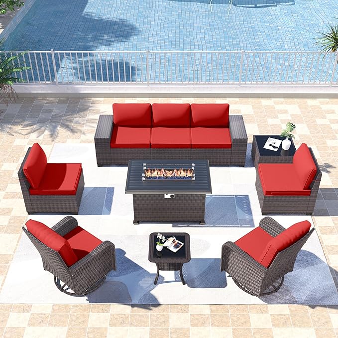 Kullavik 10PCS Outdoor Patio Furniture Set,PE Wicker Rattan Sectional Sofa Patio Conversation Sets with 43" 55000BTU Gas Propane Fire Pit Table,Swivel Rocking Chairs Set,Red
