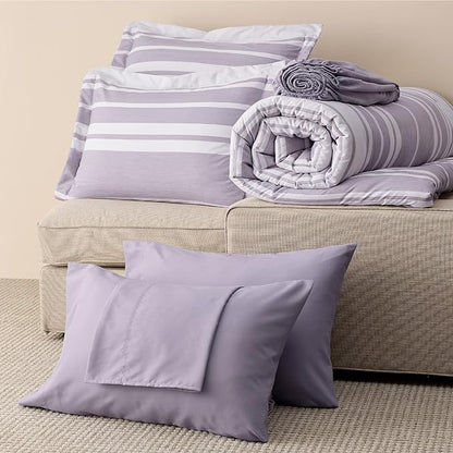 Bedsure Bed in a Bag King Size 7 Pieces, Purple White Striped Bedding Comforter Sets All Season Bed Set, 2 Pillow Shams, Flat Sheet, Fitted Sheet and 2 Pillowcases