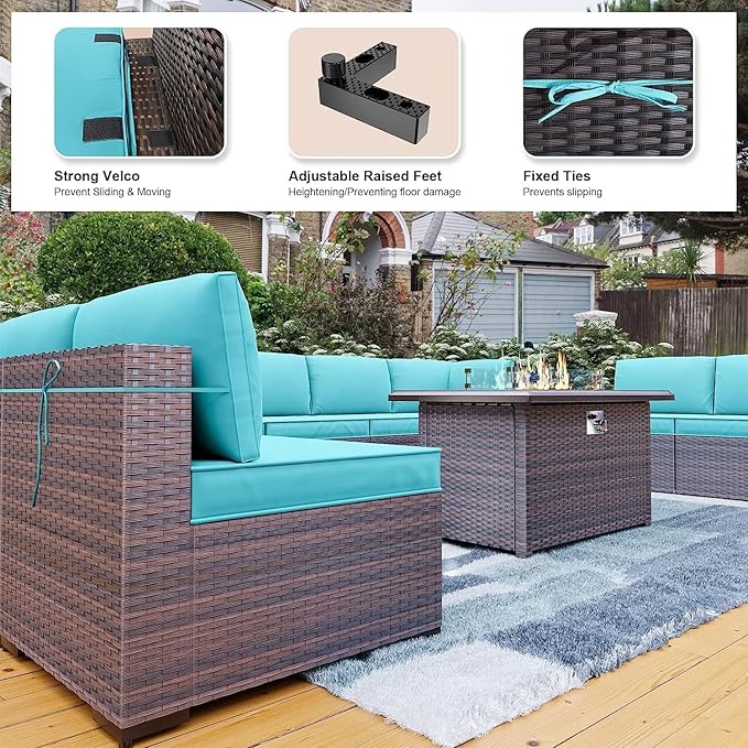 Kullavik 13PCS Outdoor Patio Furniture Set with 43" 55000BTU Gas Propane Fire Pit Table PE Wicker Rattan Sectional Sofa Patio Conversation Sets,Blue