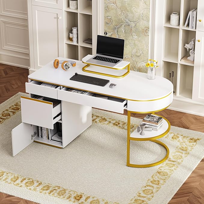 NicBex Laik-DW-00036-DX Desks, 60" W x 26.1" D x 31.9" H, Gold+White