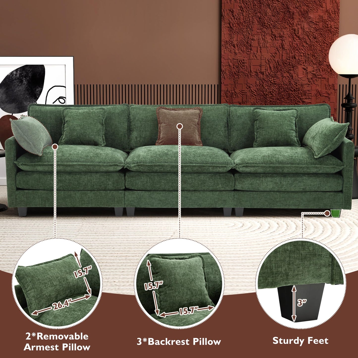 Ihanherry 111.4" L Shaped Modern Sofa Modular Sectional Cloud Couch with Ottoman, 4-Seat Chenille Deep Seat Sofa with Pillow for Living Room, Bedroom and Apartment, Beige