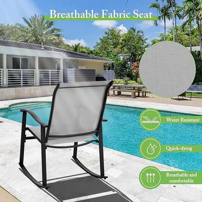 Shintenchi 3 Piece Rocking Bistro Set, Outdoor Furniture with Rocker Chairs and Glass coffee table set of 3, Balcony, Porch Furniture for Small Space, Light Gray
