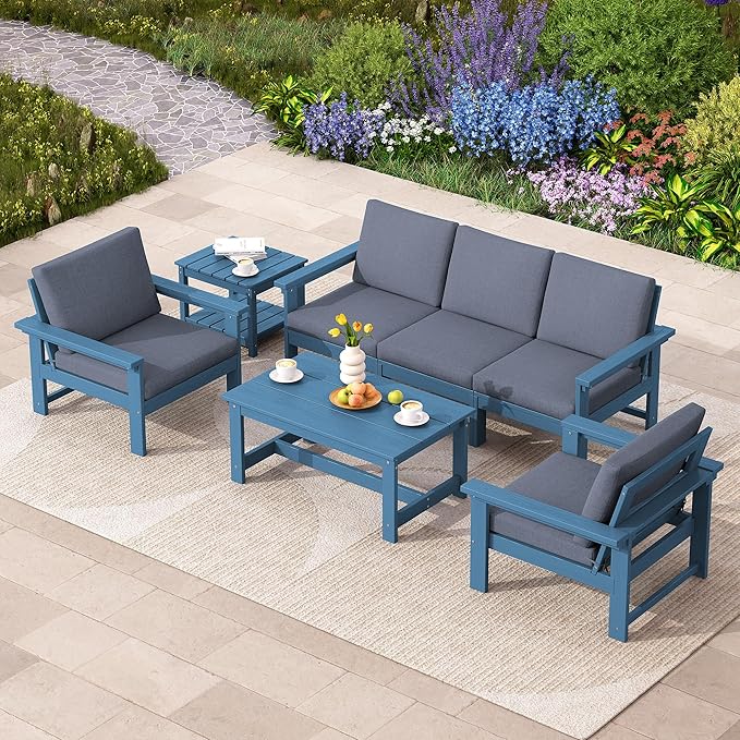 SERWALL HDPE Patio Coversation Set, 7-piece Outdoor Sectional Sofa Set, All Weather Patio Couch Set Patio Furniture for Balcony, Deck, Navy Frame with Grey Cushion