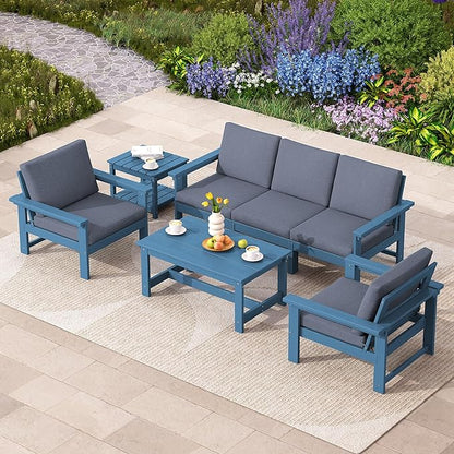 SERWALL HDPE Patio Coversation Set, 7-piece Outdoor Sectional Sofa Set, All Weather Patio Couch Set Patio Furniture for Balcony, Deck, Navy Frame with Grey Cushion