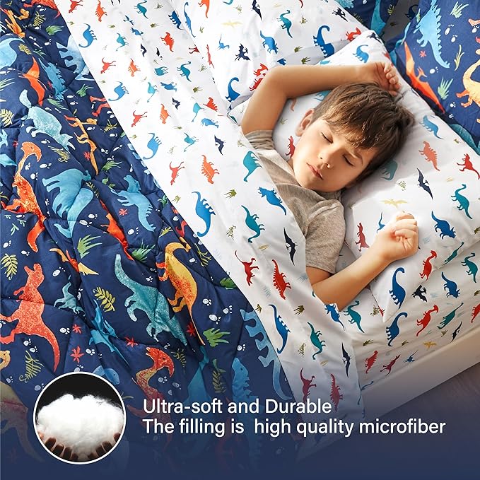 Kids Queen Dinosaur Bedding Comforter Set for Boys, 7 Pieces Queen Size Dinosaur Kids Bedding Set, Super Soft Lightweight Microfiber Comforter Set with Sheets for All Seasons