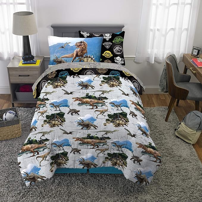 Franco Kids Bedding Super Soft Comforter and Sheet Set with Sham, 5 Piece Twin Size, Jurassic World,6A1348