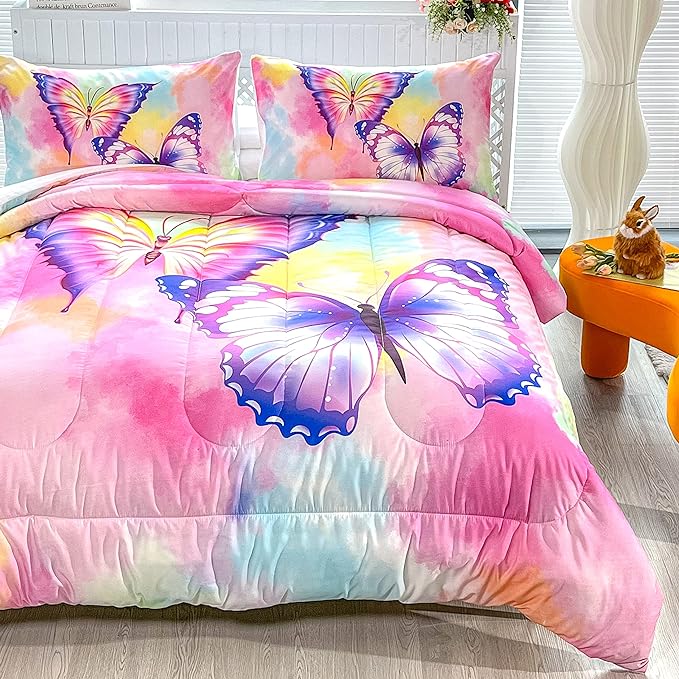 CVHOUSE Butterfly Bedding Set,Butterfly Comforter King,Butterfly Comforter Set for Girls Kids Teens,Butterflies Quilt Set with 1 Comforter and 2 Pillow Cases