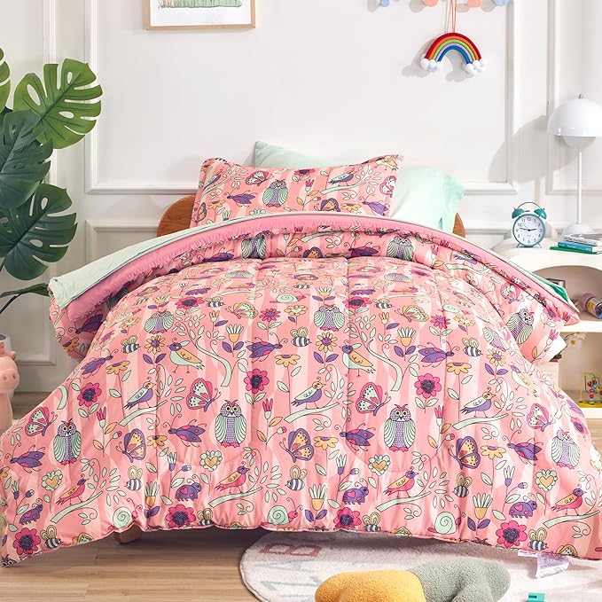 SLEEP ZONE Comforter Set Bed in A Bag, 7 Pieces Girls, Cattoon Pattern for Kids, Toddlers, Teens, Ultra Soft and Washable (Garden Secret,Full/Queen)
