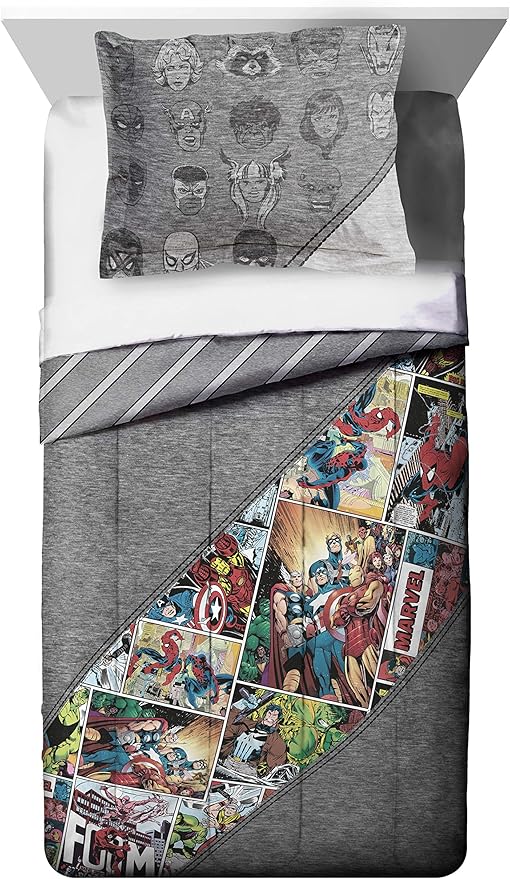 Jay Franco Marvel Comics 80th Anniversary Twin Comforter & Sham Set - Super Soft Kids Reversible Bedding - Fade Resistant Microfiber (Official Marvel Product)