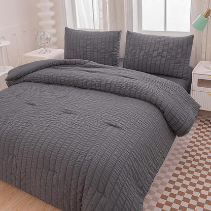 Grey Queen Size Comforter Sets for Boys Men Boho Dark Grey Seersucker Bedding Set 5 Pieces-Microfiber Lightweight All Season Comforter Set for Bedding(90x90In Comforter)