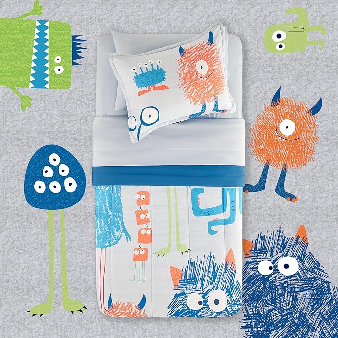 SLEEP ZONE Kids Bedding Comforter Set Full/Queen Size - Super Cute & Soft Kids Bedding 7 Pieces Set with Comforter, Sheet, Pillowcase & Sham (Monster)