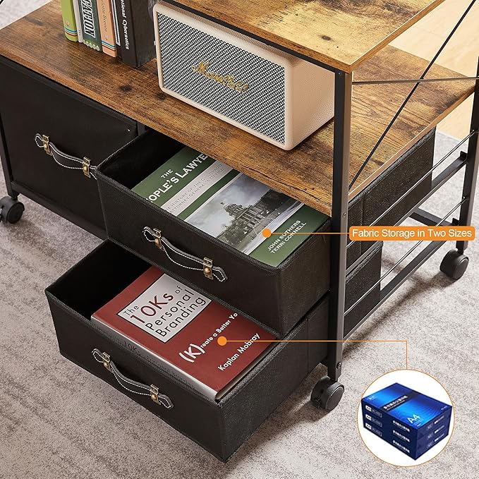 VECELO 3 Drawer Lateral File Cabinet Rolling Printer Stand with Open Storage Shelf, Fits A4 Or Letter Size, with Lockable Casters, Leather Handle, Ideal for Small Spaces, Brown+Black