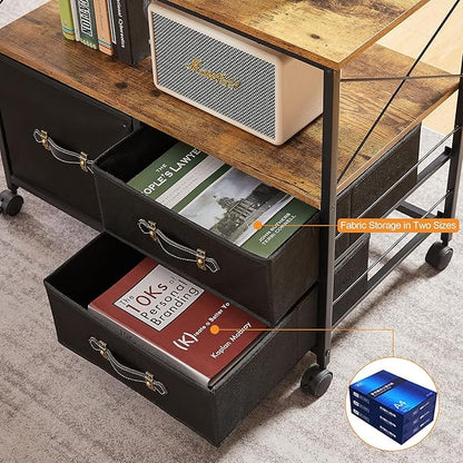 VECELO 3 Drawer Lateral File Cabinet Rolling Printer Stand with Open Storage Shelf, Fits A4 Or Letter Size, with Lockable Casters, Leather Handle, Ideal for Small Spaces, Brown+Black