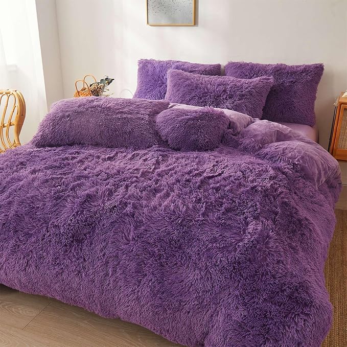 Fluffy dark purple comforters Cover twin size - Ultra Soft Plush red bedding Sets 2 Pieces (1 faux fur comforter Cover + 1 fuzzy pillow case) girls shaggy purple twin bed set (Dark purple, Twin)