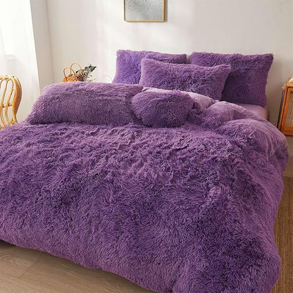 Fluffy dark purple comforters Cover twin size - Ultra Soft Plush red bedding Sets 2 Pieces (1 faux fur comforter Cover + 1 fuzzy pillow case) girls shaggy purple twin bed set (Dark purple, Twin)
