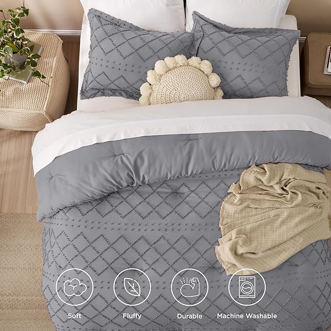 Bedsure King Size Comforter Set - Grey Comforter, Boho Tufted Shabby Chic Bedding Comforter Set, 3 Pieces Vintage Farmhouse Bed Set for All Seasons, Fluffy Soft Bedding Set with 2 Pillow Shams