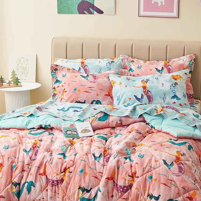 Twin Size Mermaid Kids Bedding Set for Girls, 7 Pieces Super Soft Lightweight Microfiber Comforter Set with Sheets, Bed in a Bag, Durable Children Bed Set