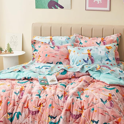 Twin Size Mermaid Kids Bedding Set for Girls, 7 Pieces Super Soft Lightweight Microfiber Comforter Set with Sheets, Bed in a Bag, Durable Children Bed Set