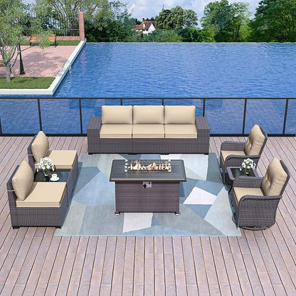 Patio Furniture Sectional Sofa Set 10-Pieces PE Rattan Swivel Rocking Chairs Outdoor Furniture Set w/43in Gas Fire Pit Table, Patio Conversation with 55000 BTU Propane Fire Pit, Sand