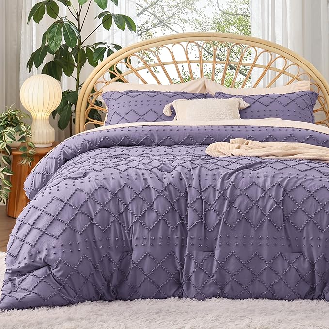 Bedsure King Size Comforter Set - Grayish Purple Comforter, Boho Tufted Shabby Chic Bedding Comforter Set, 3 Pieces Farmhouse Bed Set for All Seasons, Fluffy Soft Bedding Set with 2 Pillow Shams