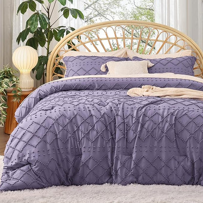 Bedsure Queen Comforter Set - Grayish Purple Comforter, Boho Tufted Shabby Chic Bedding Comforter Set, 3 Pieces Farmhouse Bed Set for All Seasons, Fluffy Soft Bedding Set with 2 Pillow Shams
