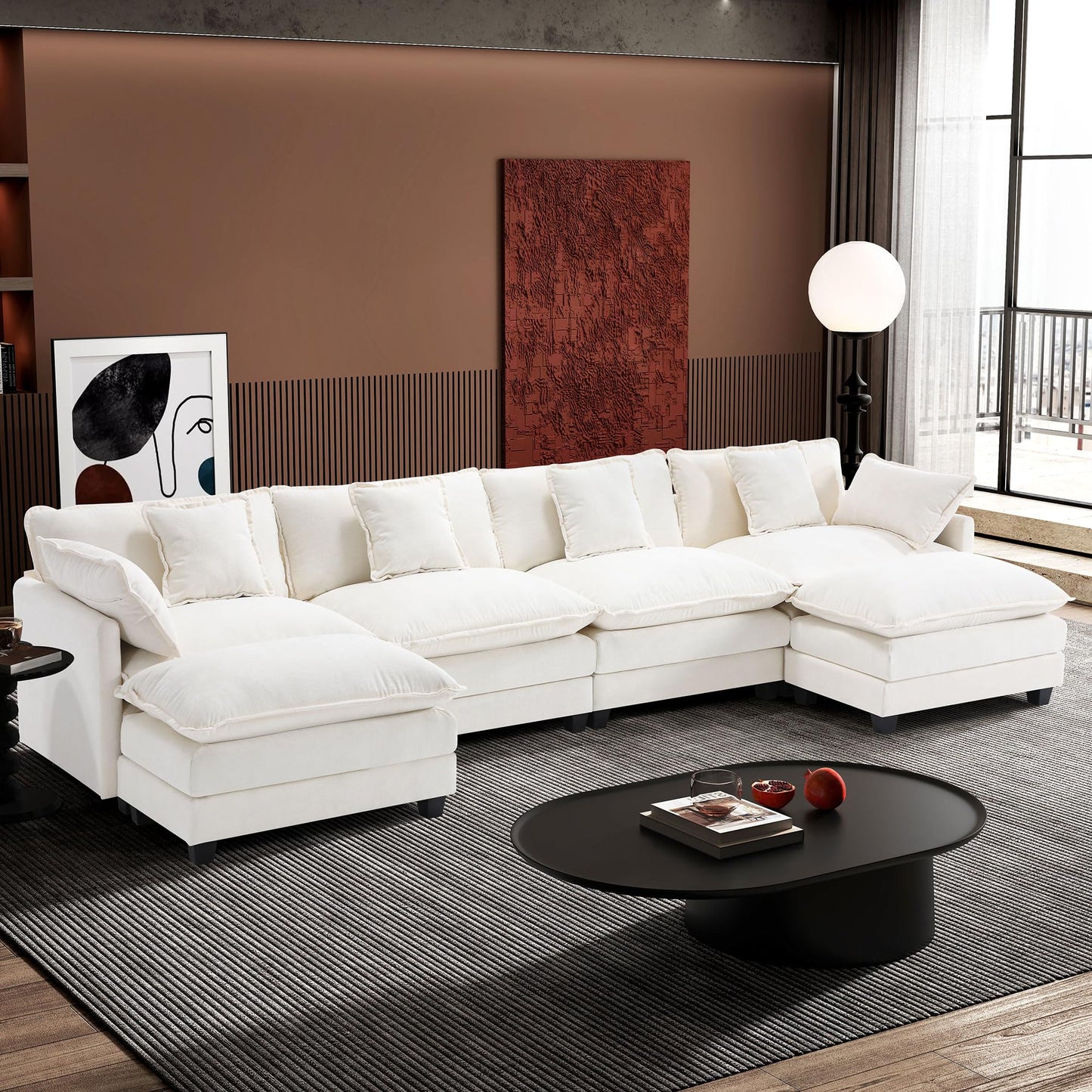Ihanherry 111.4" L Shaped Modern Sofa Modular Sectional Cloud Couch with Ottoman, 4-Seat Chenille Deep Seat Sofa with Pillow for Living Room, Bedroom and Apartment, Beige